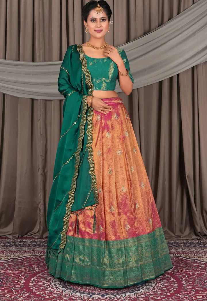 Pink Banarasi Silk Lehenga Choli In Festival (Free size)